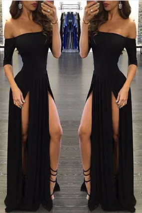 1297,Charming Evening Dress Black Prom Dresses with Slit Chiffon Prom Dresses