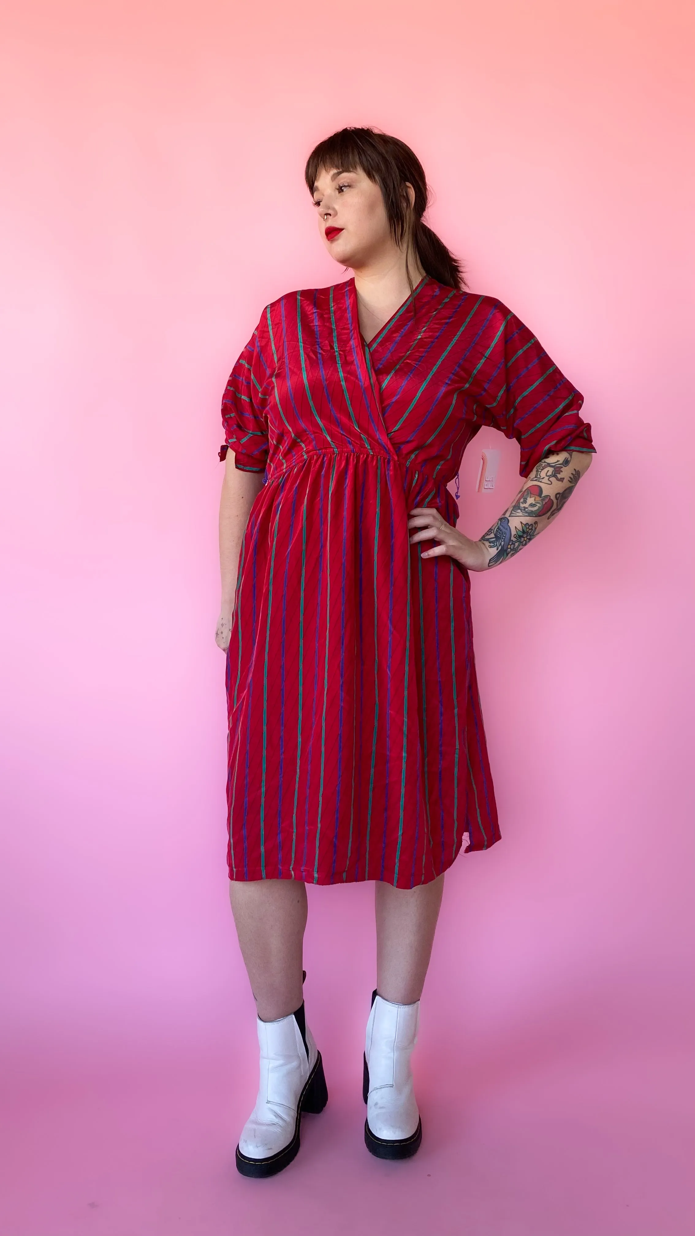 1980s Red Striped V-neck Dress, sz. L