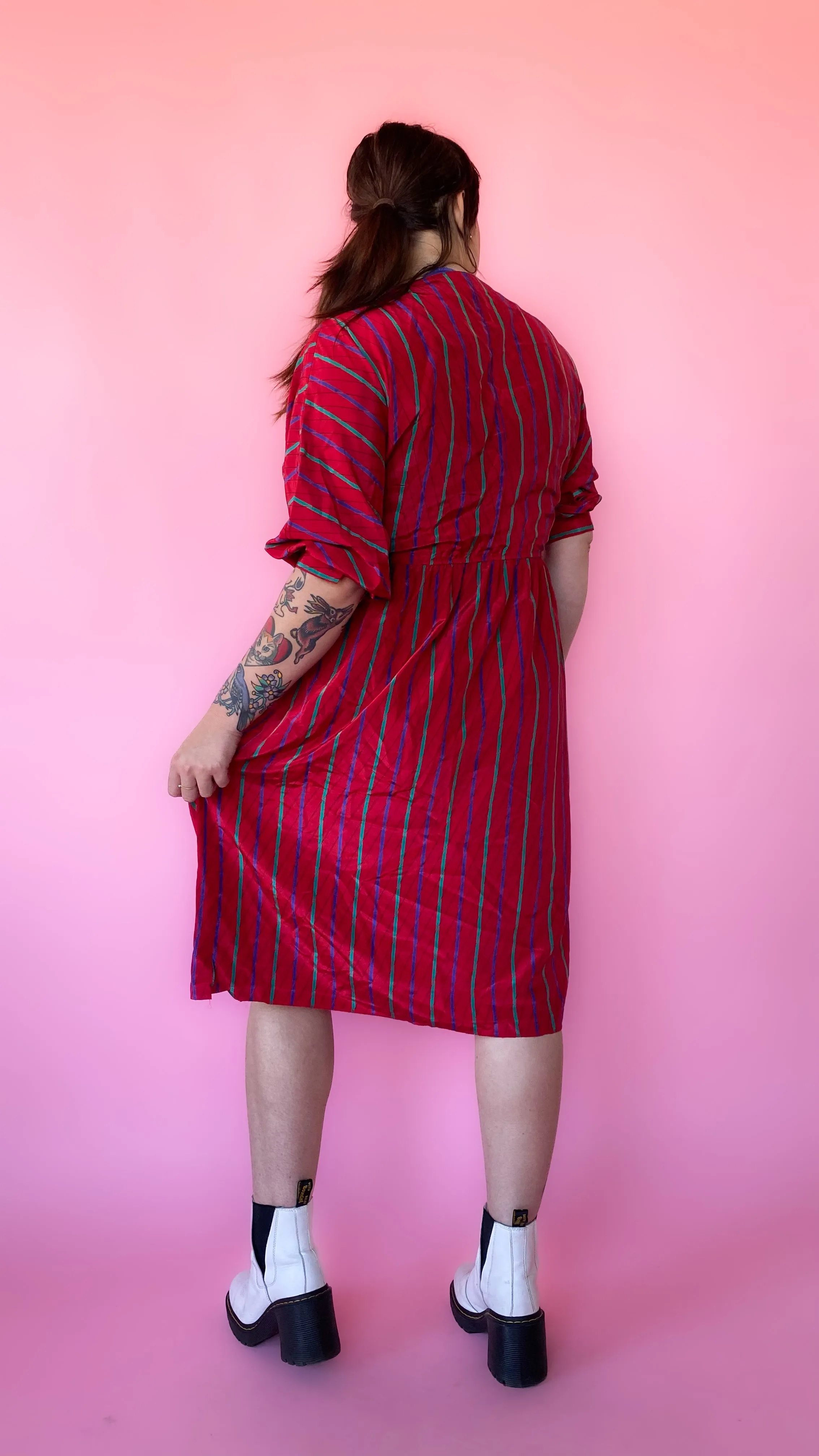 1980s Red Striped V-neck Dress, sz. L