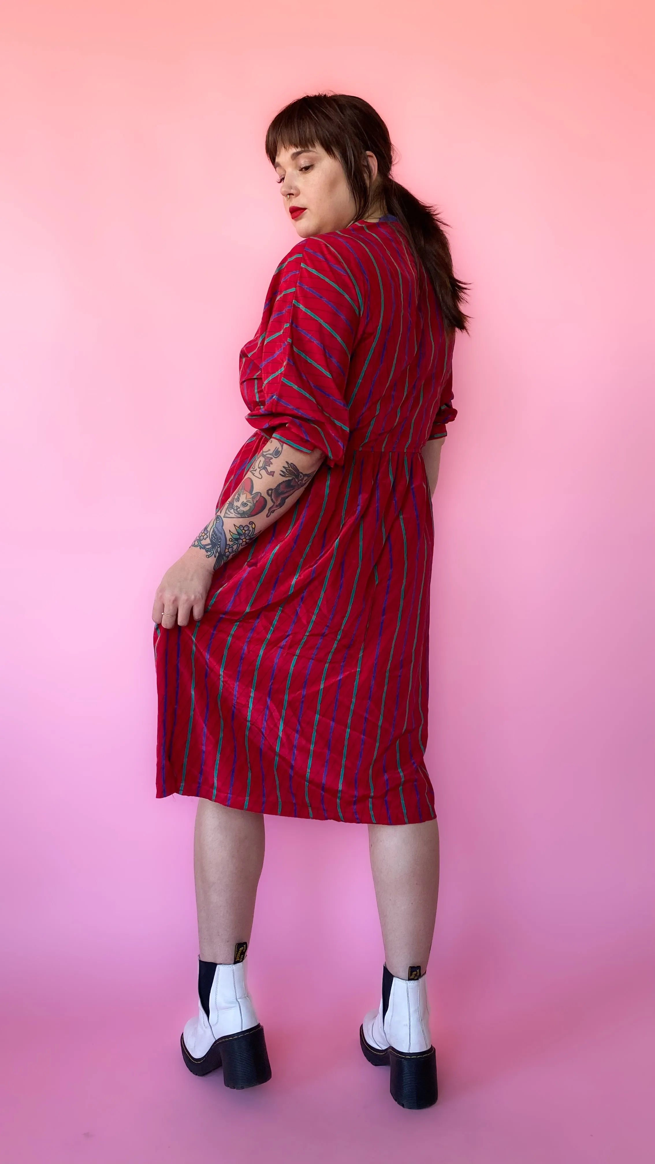 1980s Red Striped V-neck Dress, sz. L