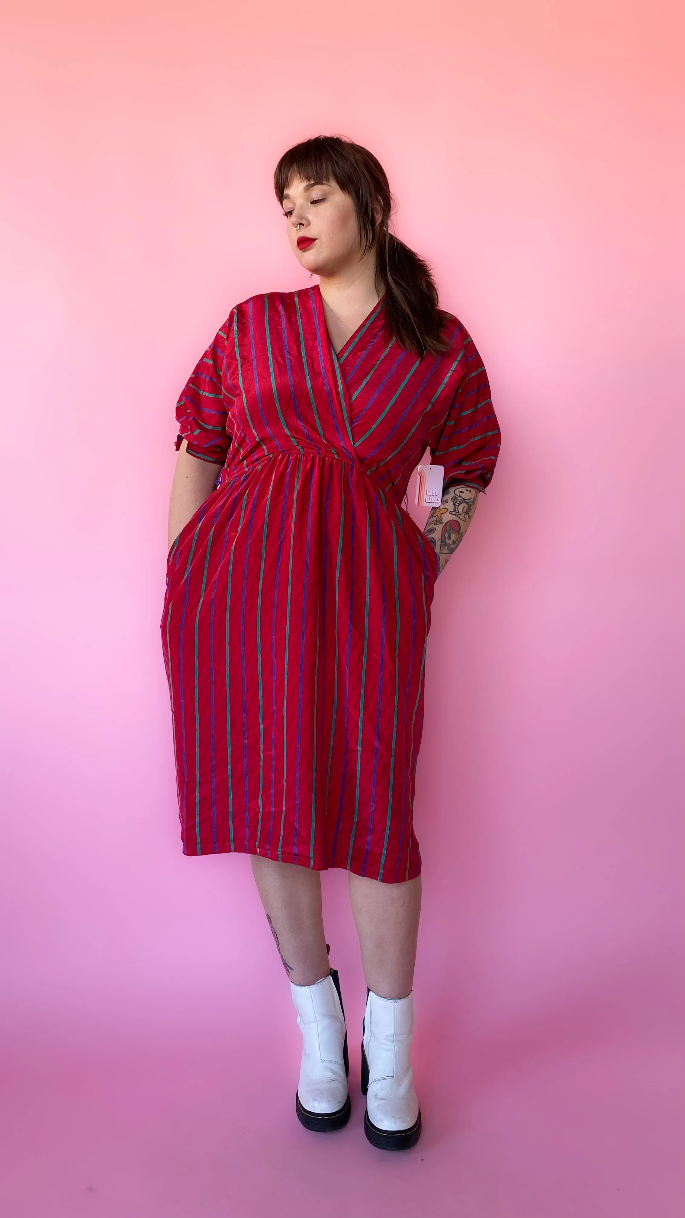 1980s Red Striped V-neck Dress, sz. L