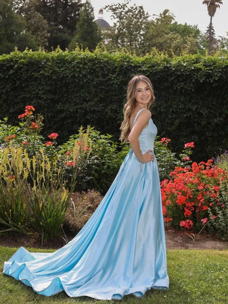 A Line Blue Satin Long Prom Dresses, Long Blue Formal Evening Dresses