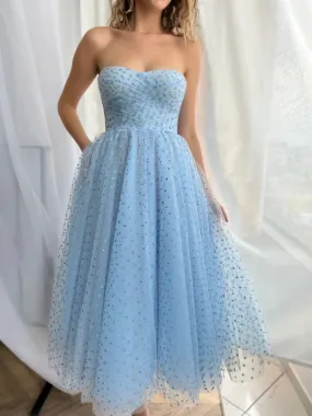 A Line Blue Short Prom Dresses, Sweetheart Neck Tulle Blue Homecoming Bridesmaid Dresses