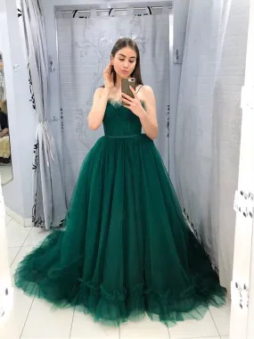 A Line Green Tulle Long Prom Dresses,Green Tulle Long Party Evening Dresses