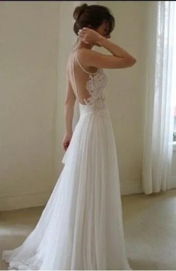 A Line Ivory Backless Lace Wedding Dresses, Backless Lace Prom Dresses