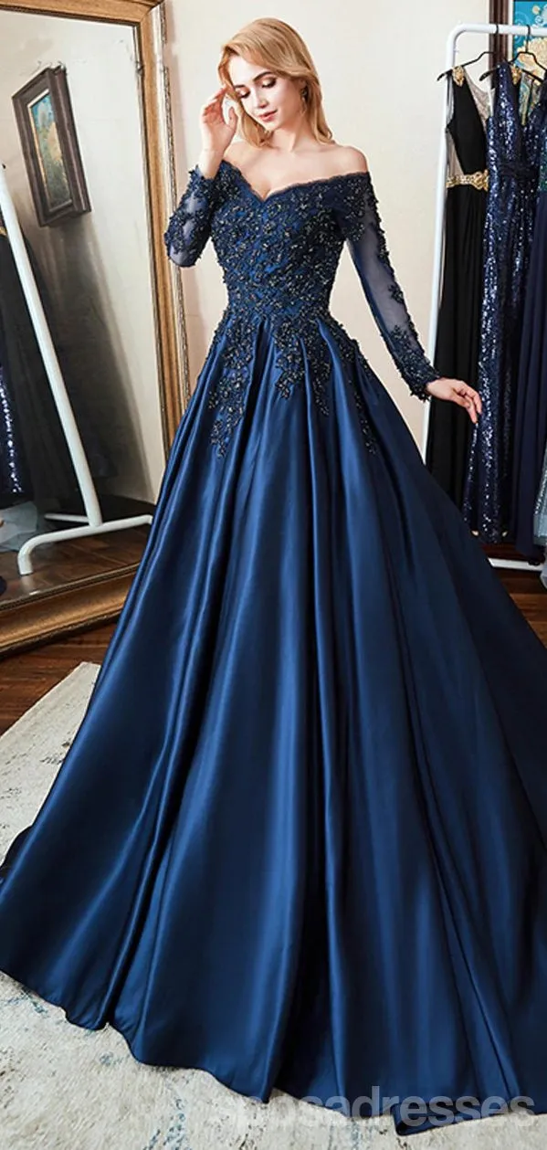 A-line Long Sleeves Blue Long Party Prom Dresses Online,Dance Dresses,12558