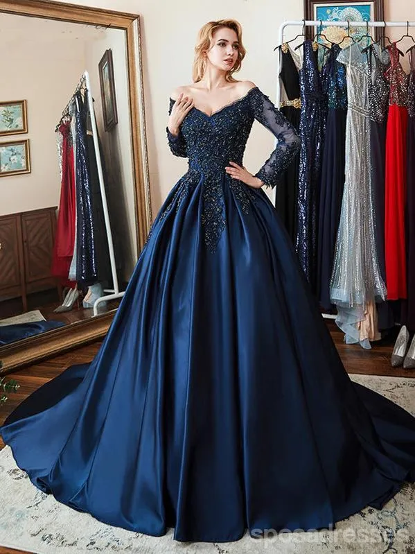 A-line Long Sleeves Blue Long Party Prom Dresses Online,Dance Dresses,12558