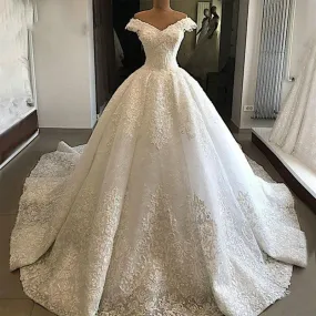 A-Line Off the Shoulder Lace Appliques Beaded Luxury Wedding Dresses