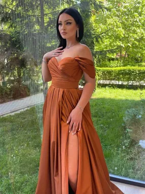 A Line Off the Shoulder Satin Long Prom Dresses, Simple Off Shoulder Formal Evening Dresses