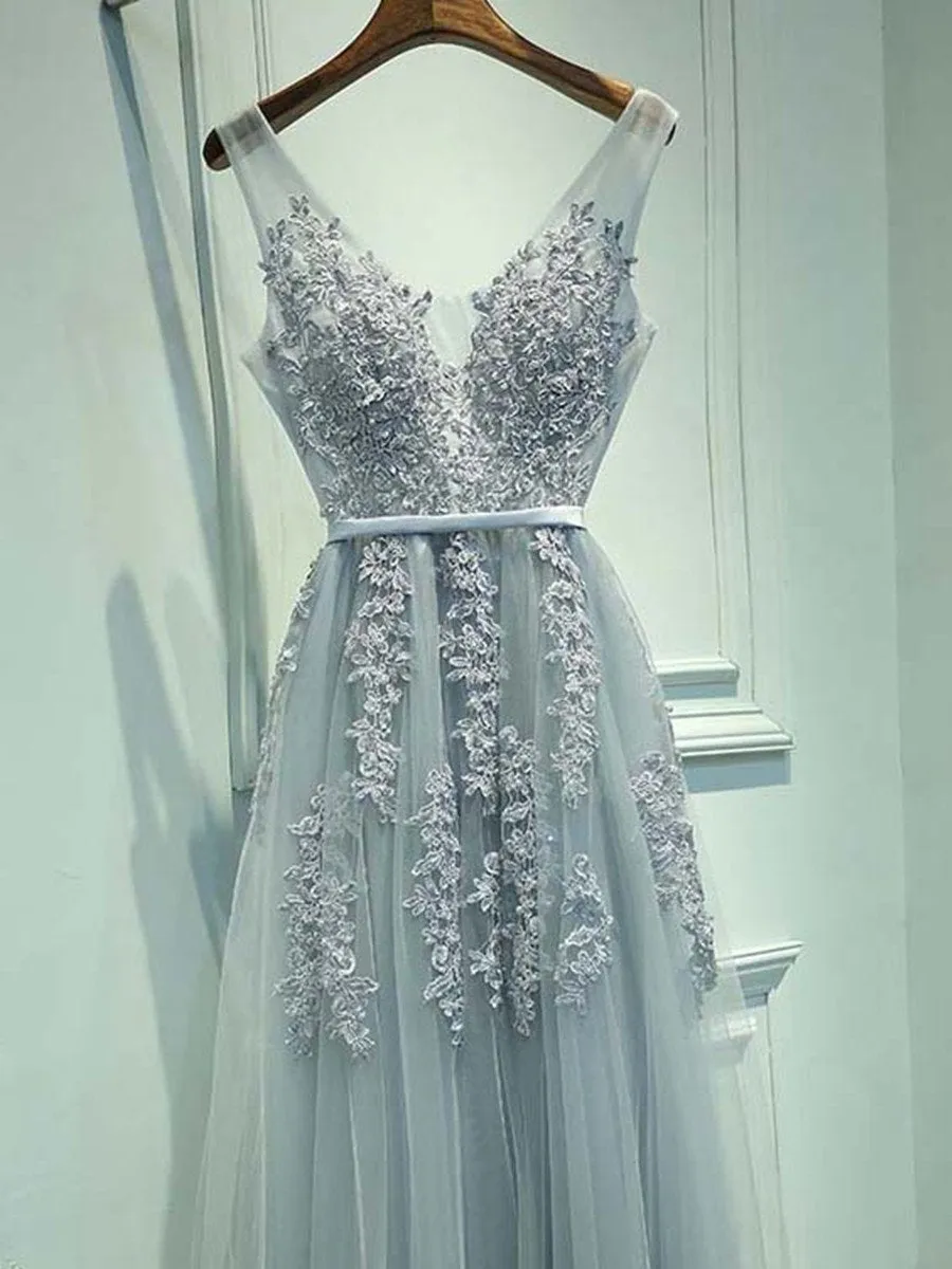 A Line Round Neck Sleeveless Grey Lace Prom Dresses, Lace Bridesmaid Dresses, Formal Dresses