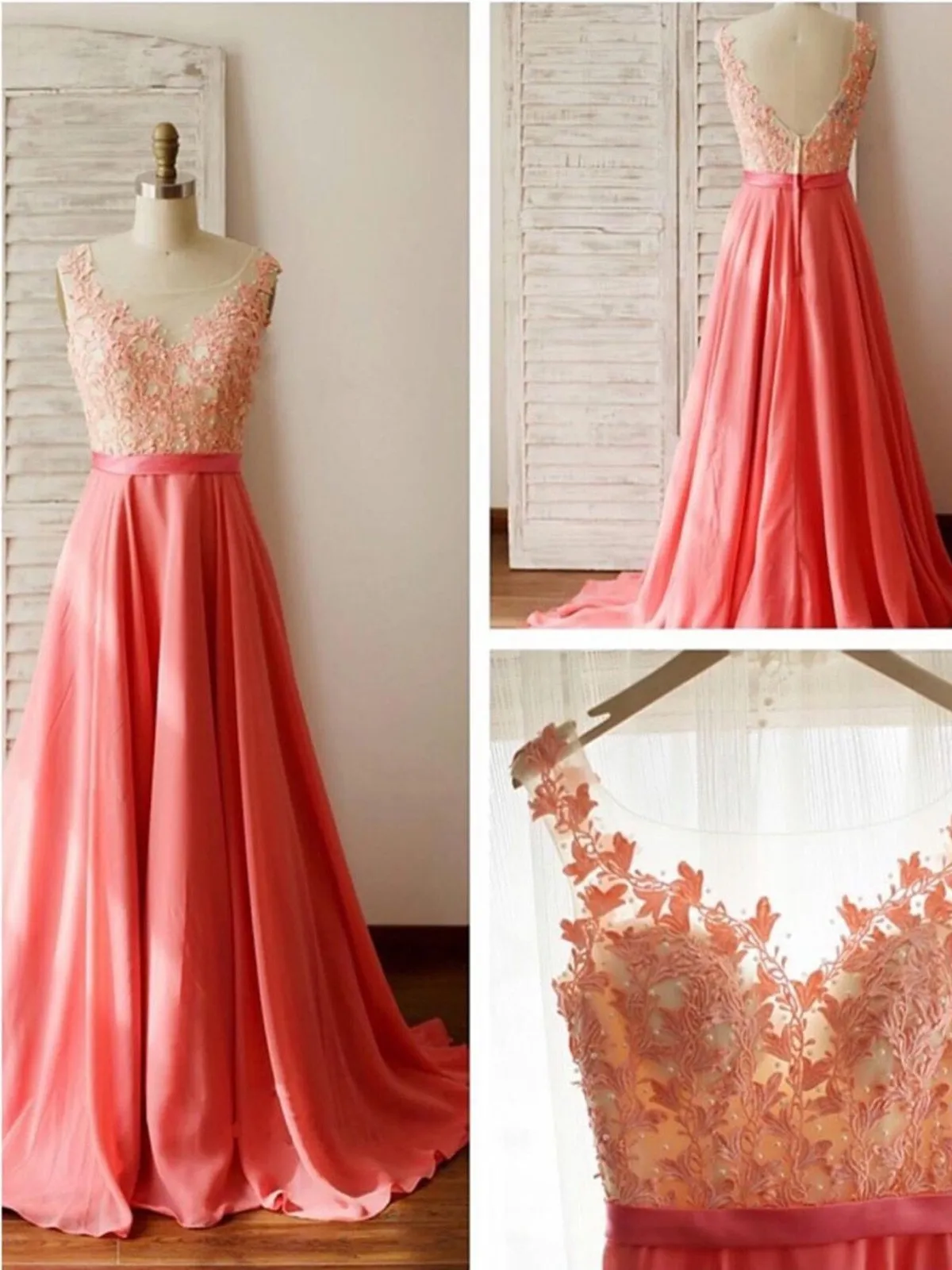 A Line Round Neck V Neck Back Long Lace Coral Prom Dress, Long Lace Formal Dresses, Evening Dresses, Bridesmaid Dresses