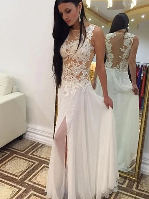 A Line Round Neck White Lace Wedding Dress, White Lace Prom Dresses, Lace Formal Dresses