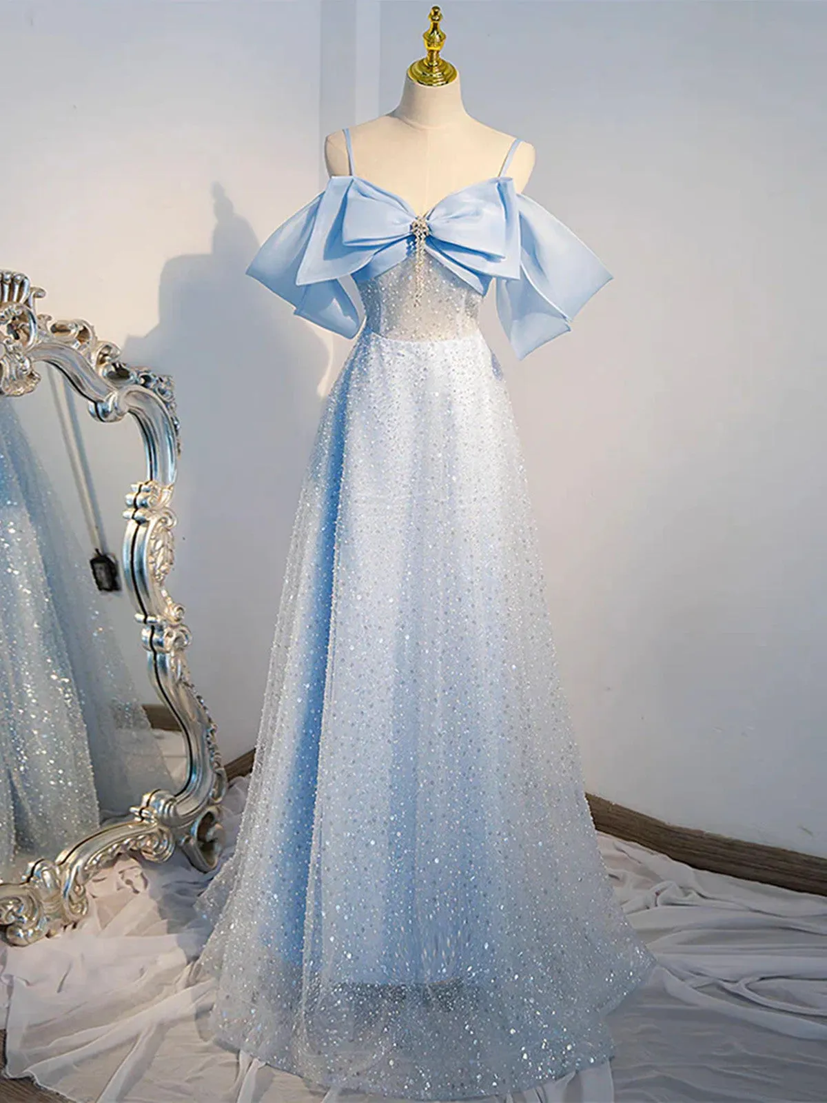 A Line Tulle Sequin Blue Long Prom Dresses,  Blue Sequin Tulle Long Formal Evening Dresses