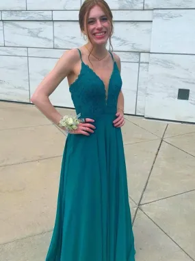 A Line V Neck Green Lace Chiffon Long Prom Dresses, Open Back Green Formal Graduation Evening Dresses, Green Lace Bridesmaid Dresses