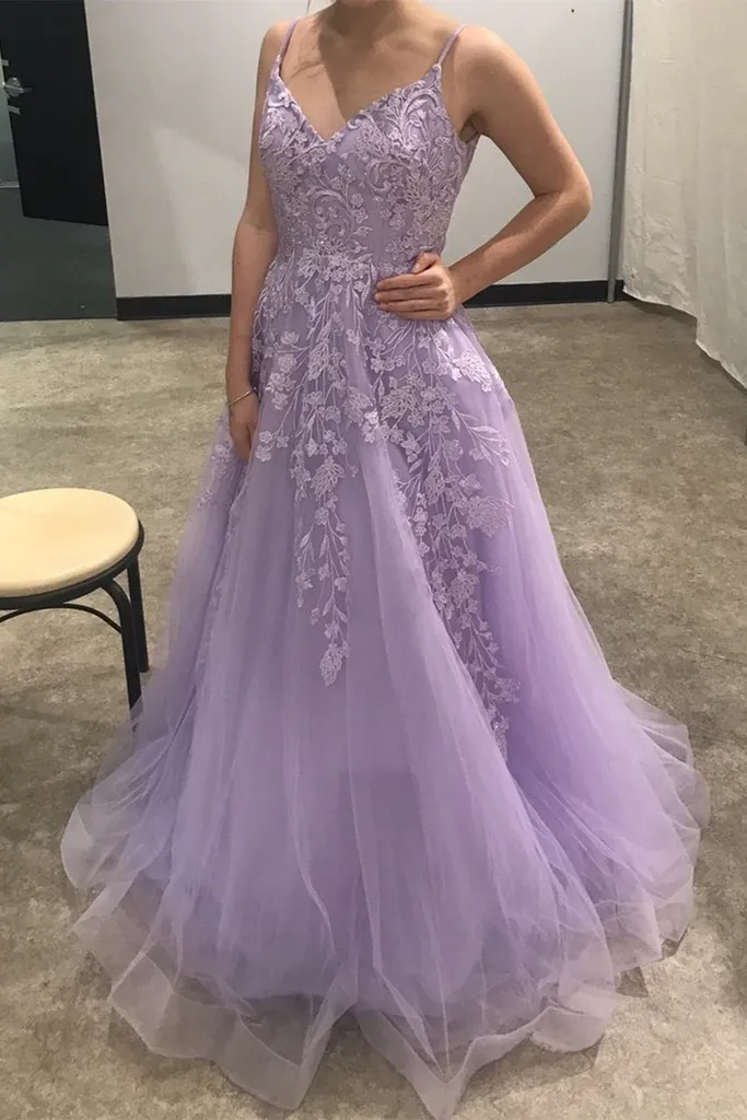 A Line V Neck Purple Tulle Lace Long Prom Dresses, V Neck Purple Formal Dresses, Purple Lace Floral Evening Dresses