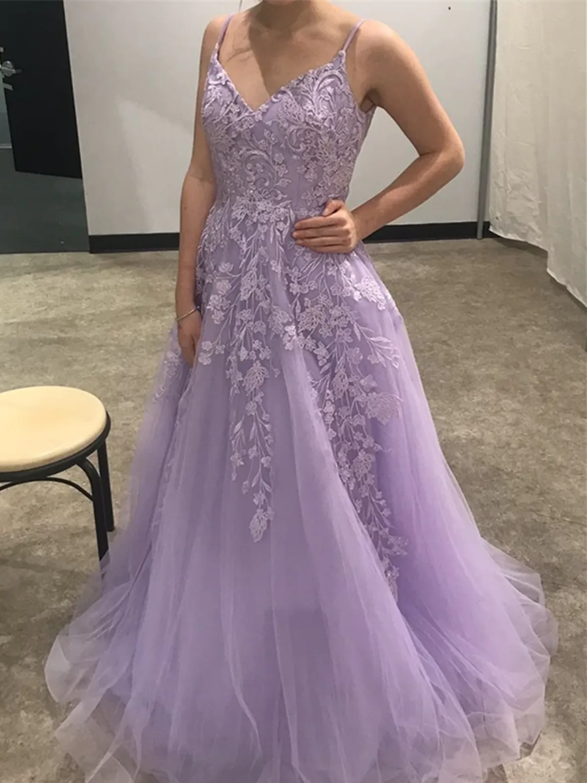 A Line V Neck Purple Tulle Lace Long Prom Dresses, V Neck Purple Formal Dresses, Purple Lace Floral Evening Dresses