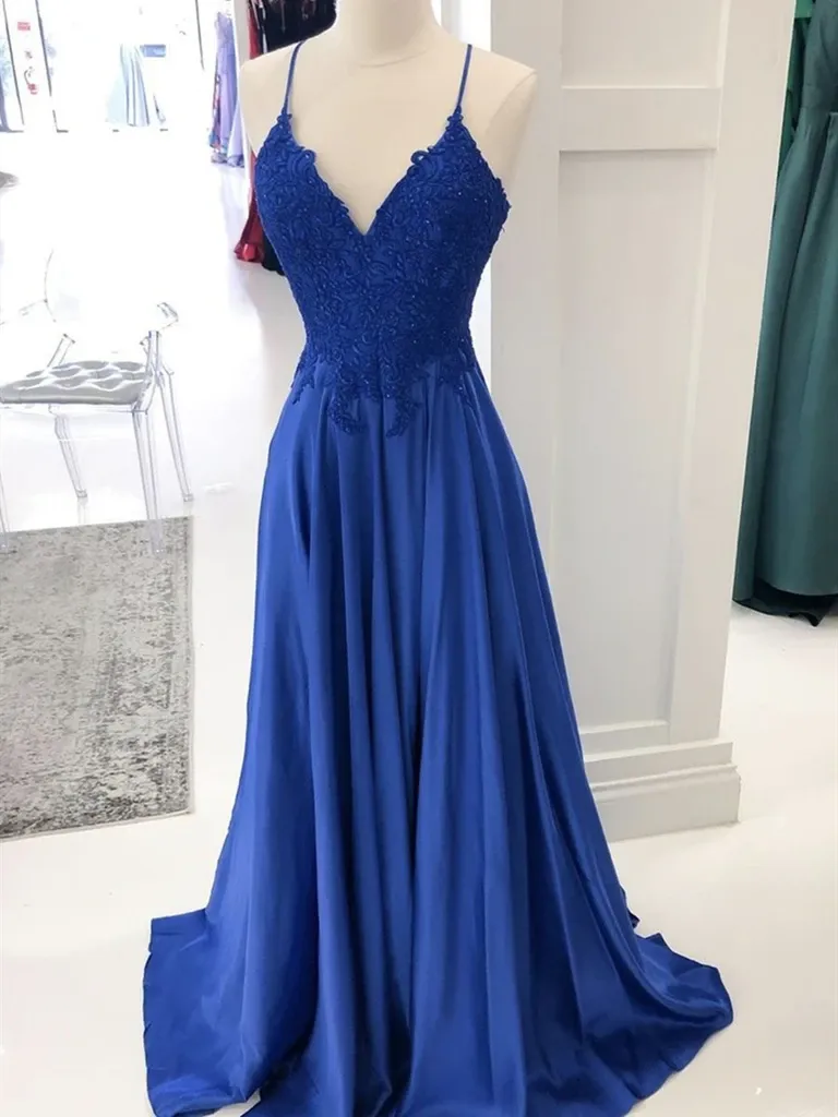 A Line V Neck Royal Blue Lace Prom Dresses, Royal Blue Lace Formal Evening Dresses