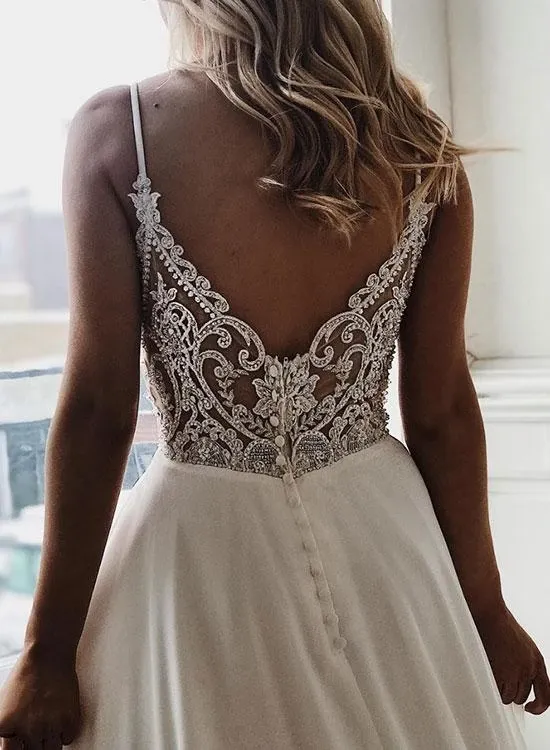 A Line V Neck White Lace Wedding Dresses, White Lace V Neck Prom Dresses, V Neck White Lace Formal Evening Dresses