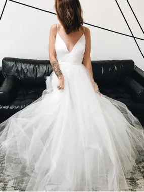 A Line V Neck White Tulle Long Prom Dresses, V Neck White Wedding Dresses, White Formal Dresses, Evening Dresses