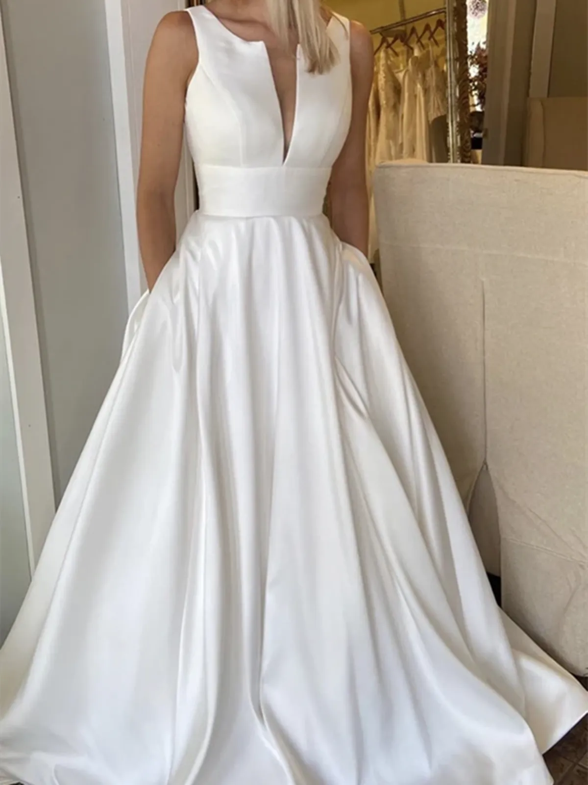 A Line White Satin Long Prom Dresses, A Line White Satin Long Formal Evening Dresses