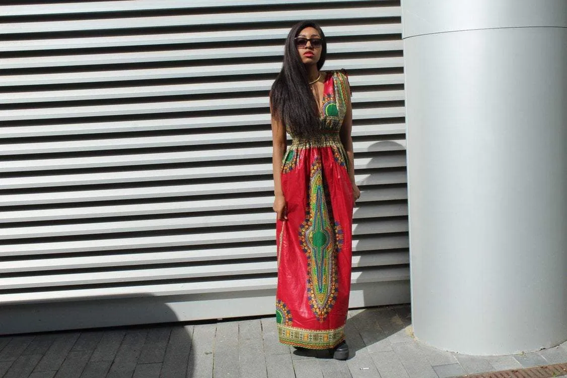 African Dress in Red Dashiki Print - Festival Dress