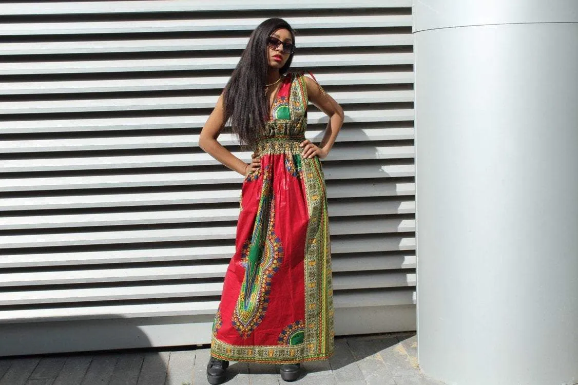 African Dress in Red Dashiki Print - Festival Dress