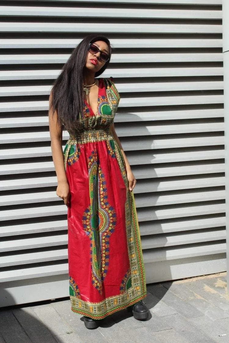 African Dress in Red Dashiki Print - Festival Dress