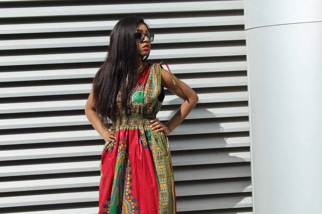 African Dress in Red Dashiki Print - Festival Dress