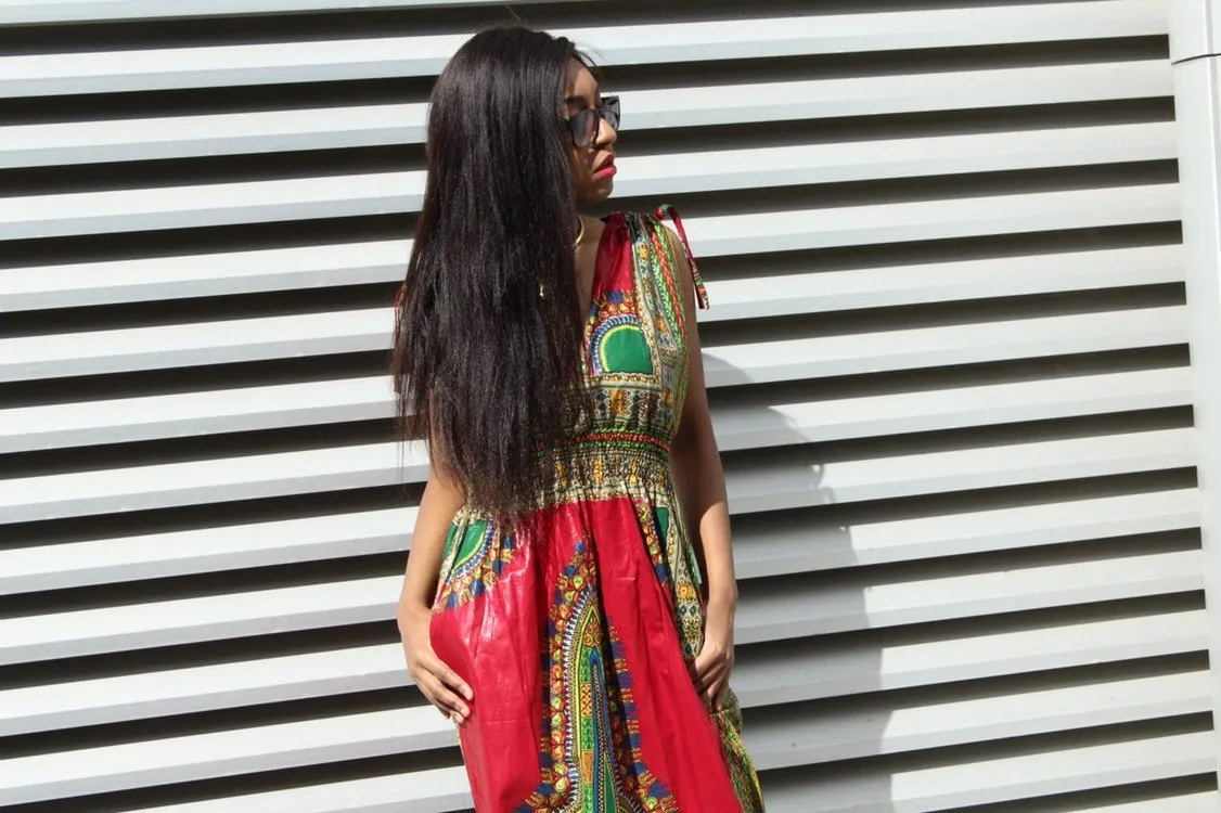 African Dress in Red Dashiki Print - Festival Dress