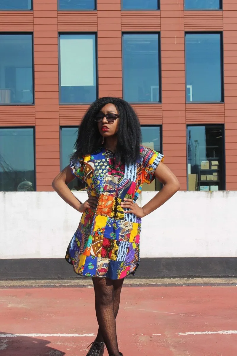 African Patchwork Dress, Shift Dress in Black Ankara Print - Festival Dress