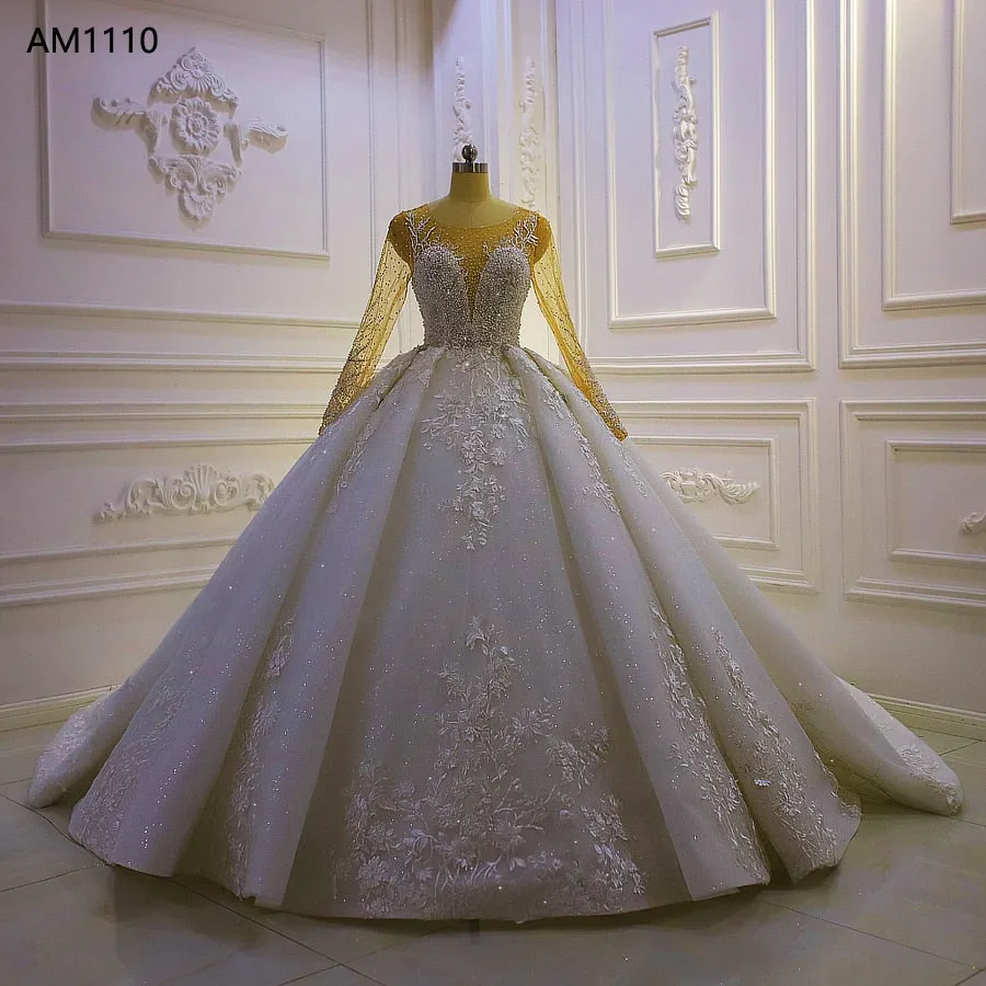 AM1110 Long Sleeves Beaded Ball Luxury Gown Wedding Gowns