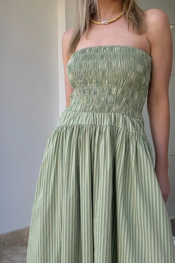 Amalie Strapless Midi Dress Green Stripe