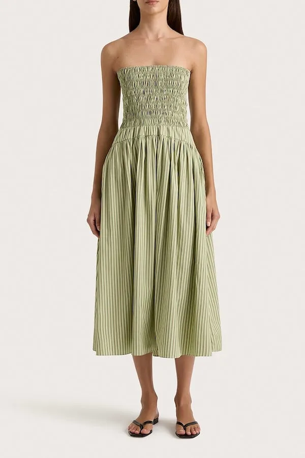 Amalie Strapless Midi Dress Green Stripe