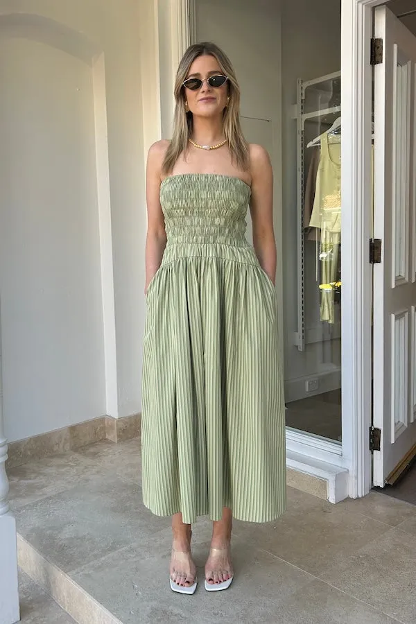 Amalie Strapless Midi Dress Green Stripe