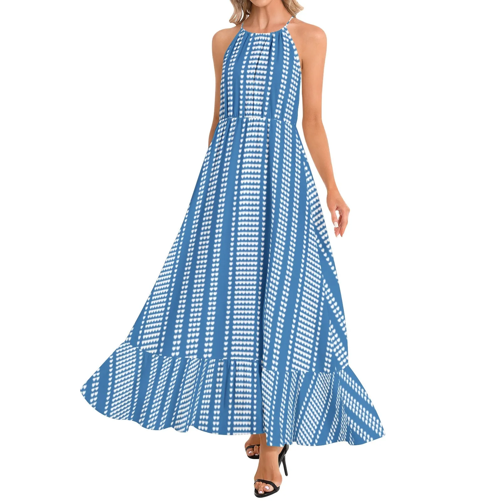 Array of Hearts Ruffle Hem Halter Neck Maxi Dress