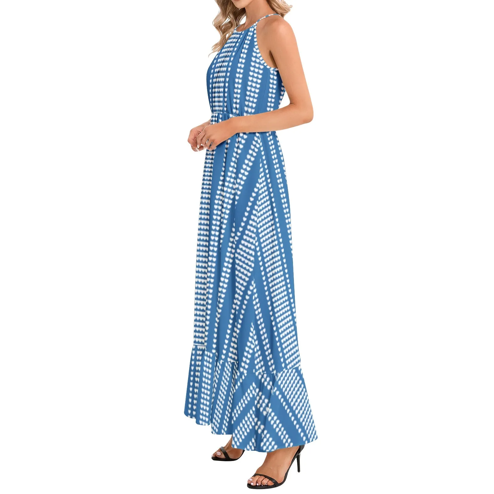 Array of Hearts Ruffle Hem Halter Neck Maxi Dress