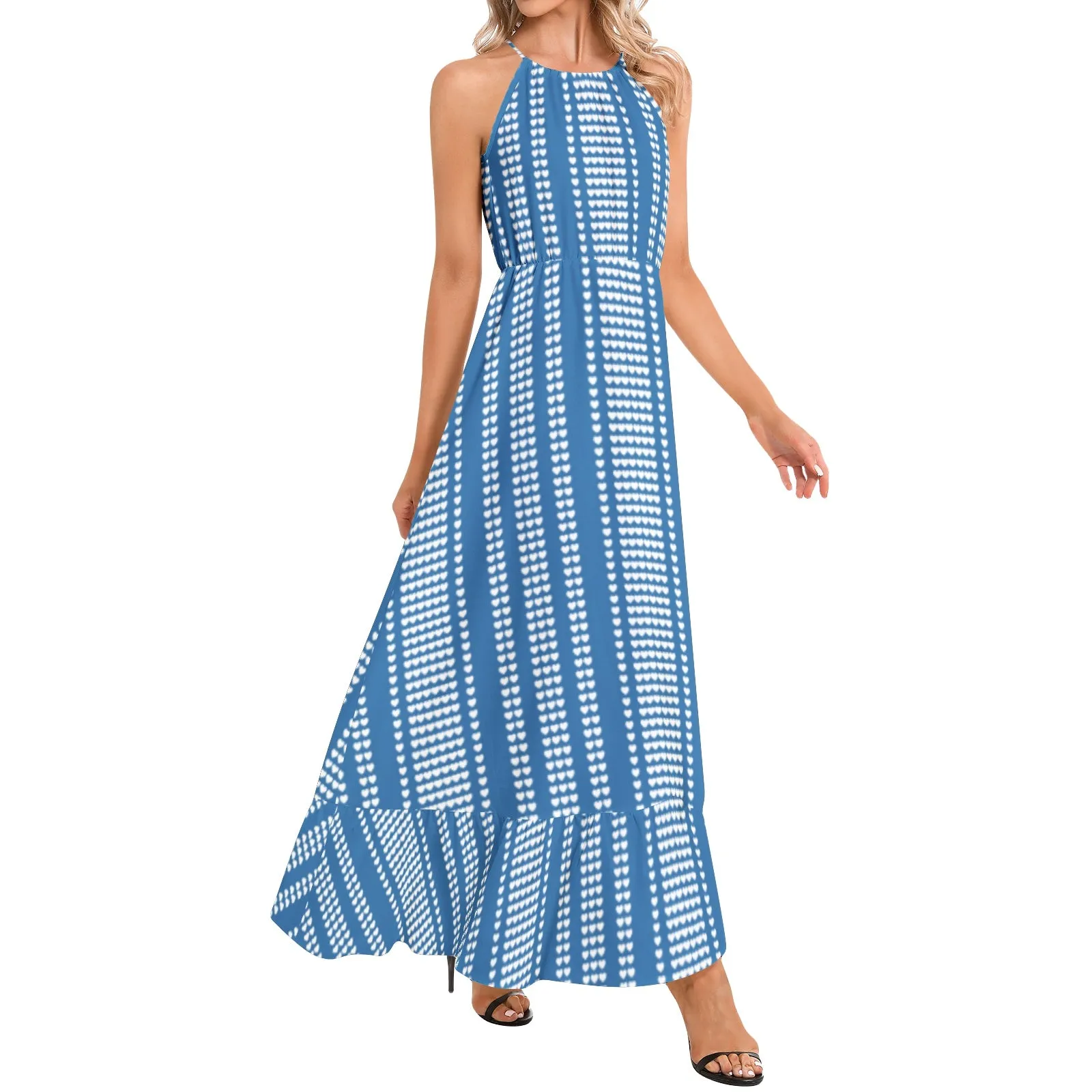 Array of Hearts Ruffle Hem Halter Neck Maxi Dress