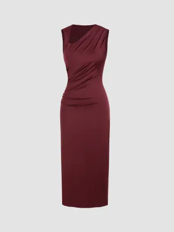 Asymmetrical neck solid ruched maxi dress in red