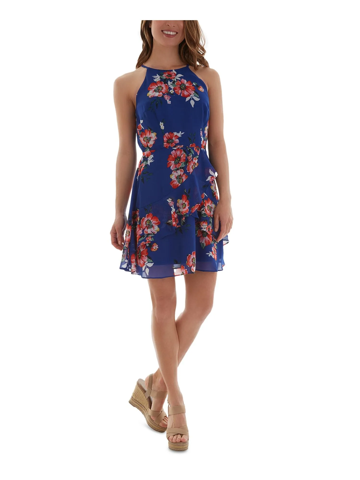 Bcx Dress Women's Floral Sleeveless Halter Mini Fit   Flare Dress, Juniors L, Blue