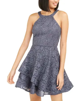 BCX Juniors' Glitter-Lace Halter Short Fit Party Dress, Gunmetal, 3/S