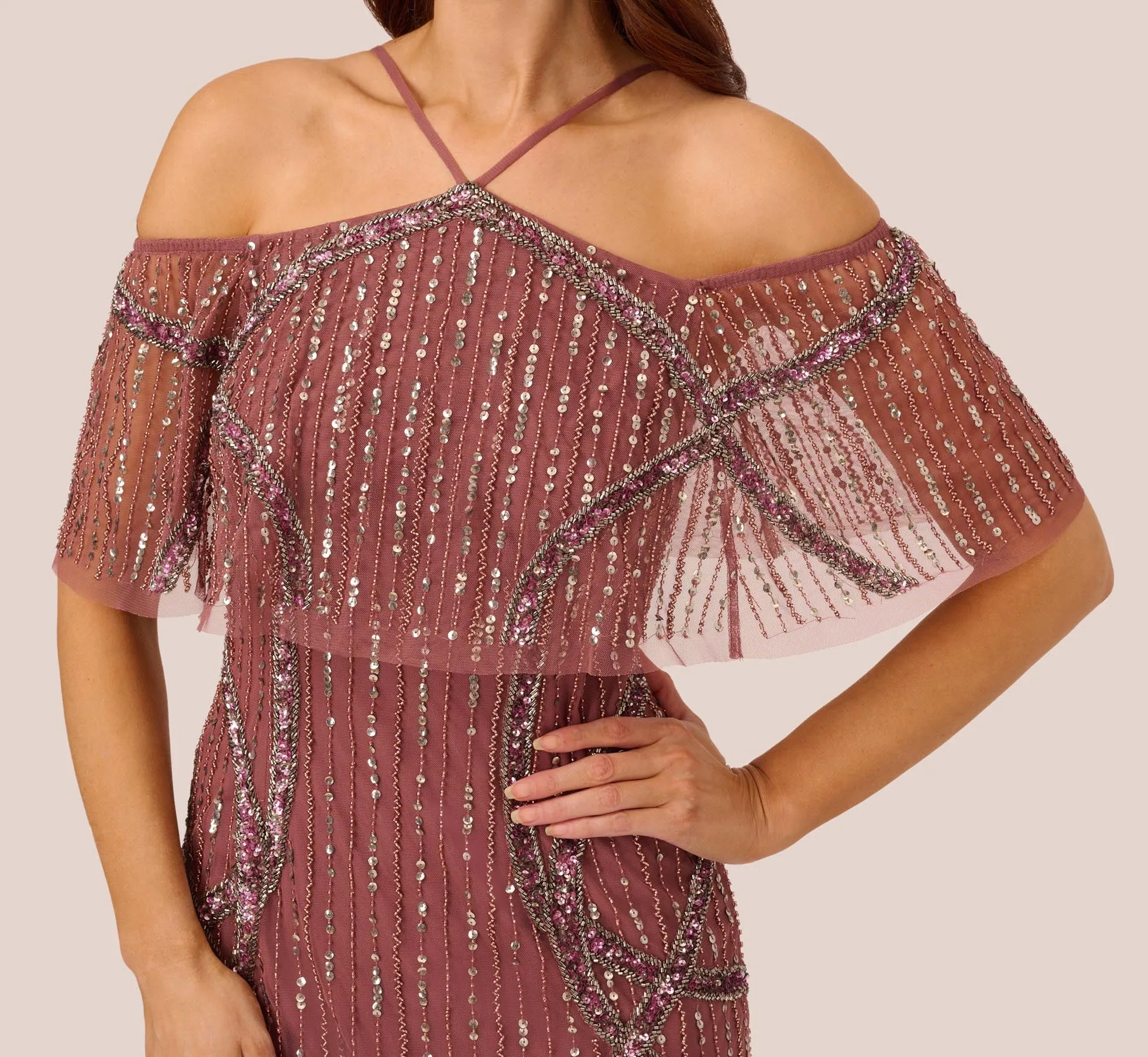 Beaded Off The Shoulder Sheath Dress With Halter Neck In Plum