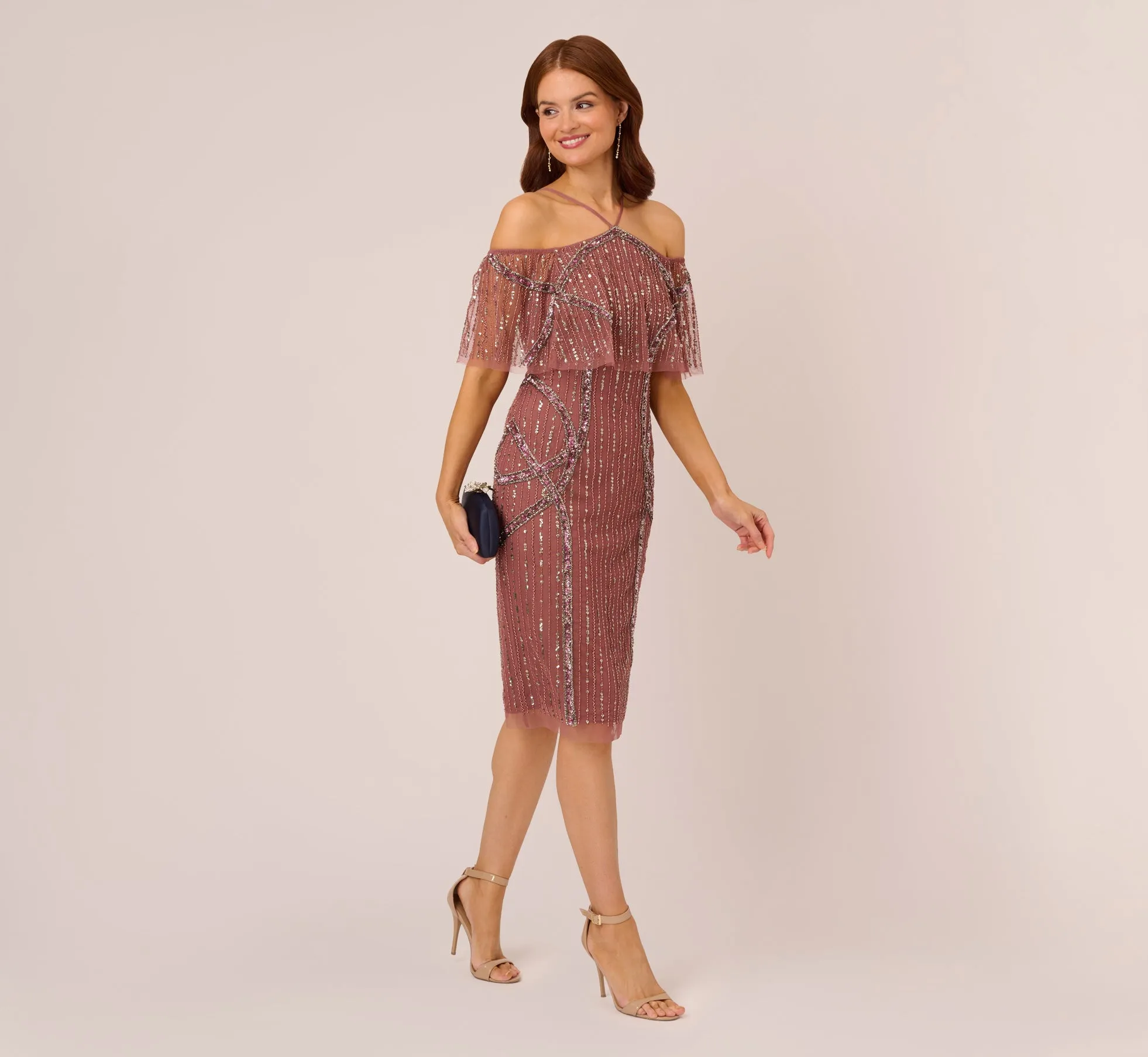 Beaded Off The Shoulder Sheath Dress With Halter Neck In Plum