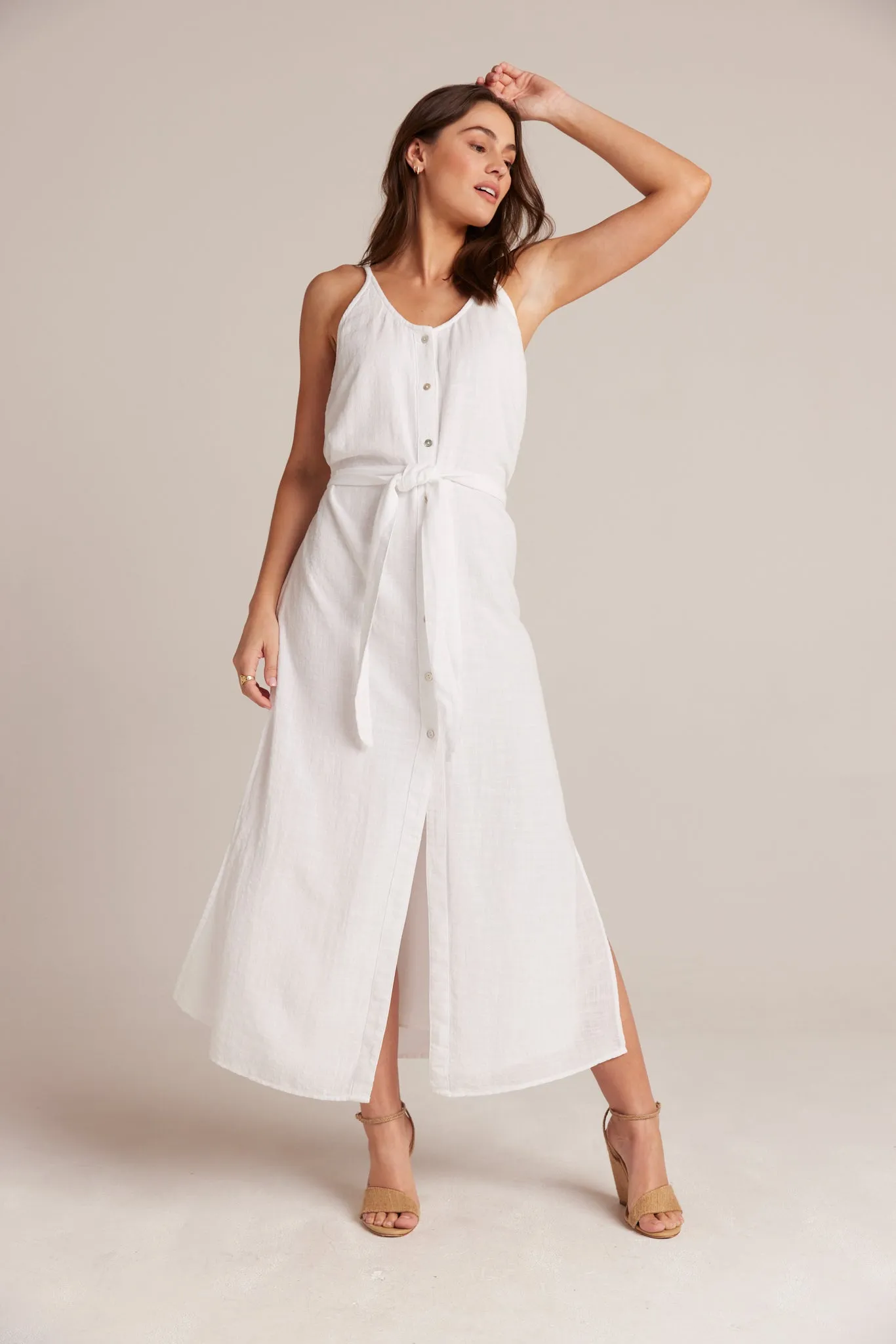 Belted Button front Sleeveless Dress- White