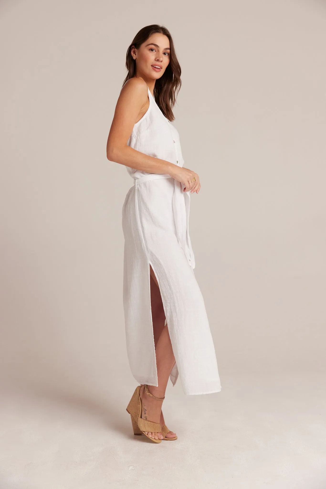 Belted Button front Sleeveless Dress- White