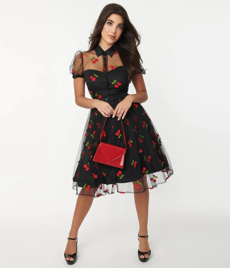 Black and Red Embroidered Hollie Swing Dress