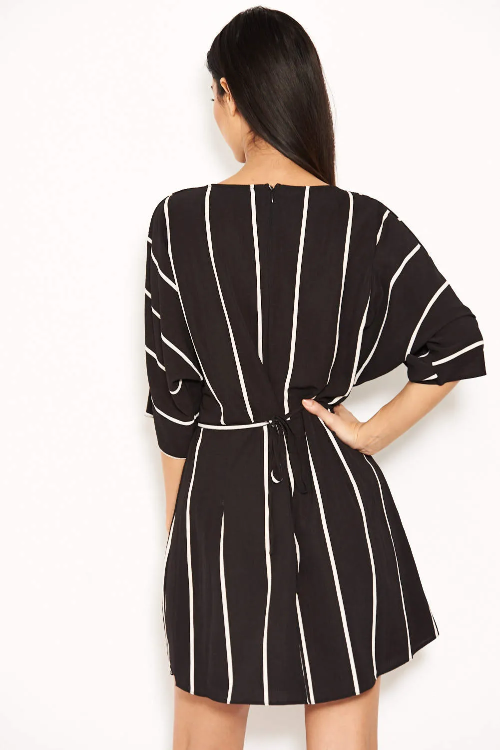 Black and White Striped Wrap Mini Dress