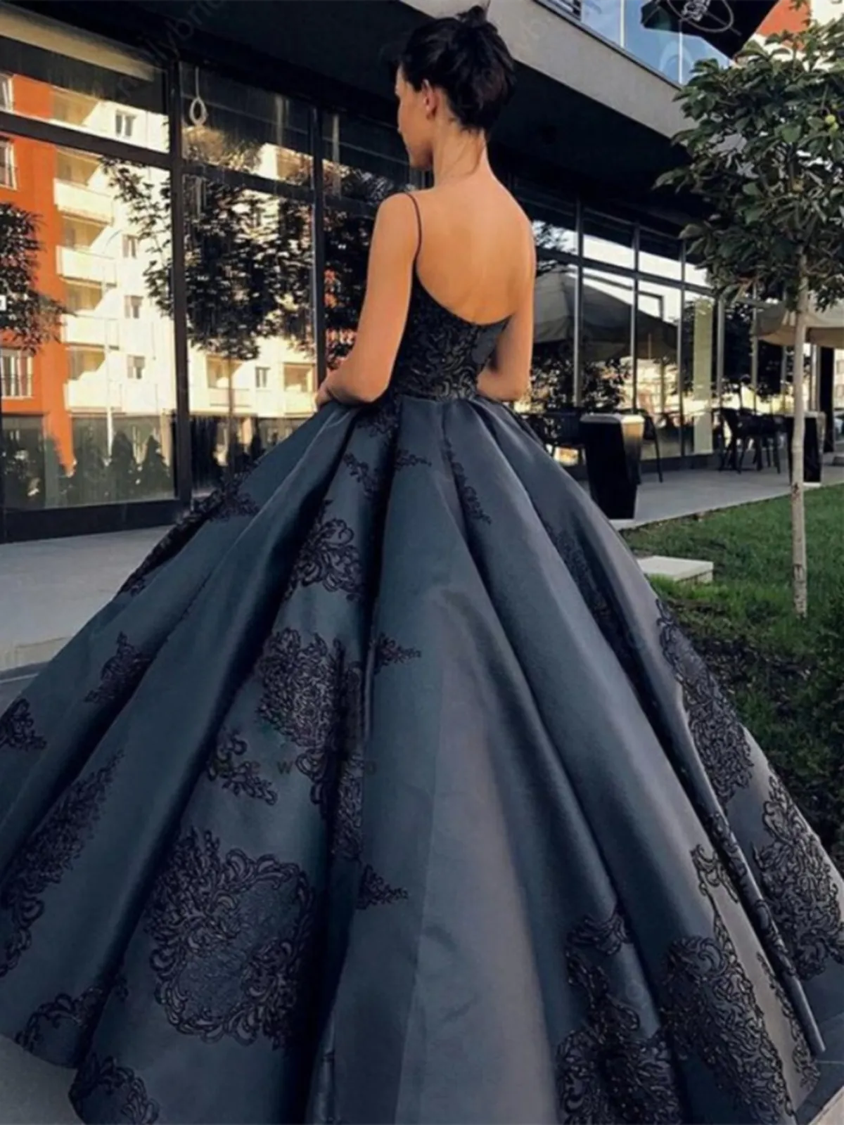 Black Ball Gowns Prom Dresses, Spaghetti Straps Lace Long Prom Dresses,Evening Dresses