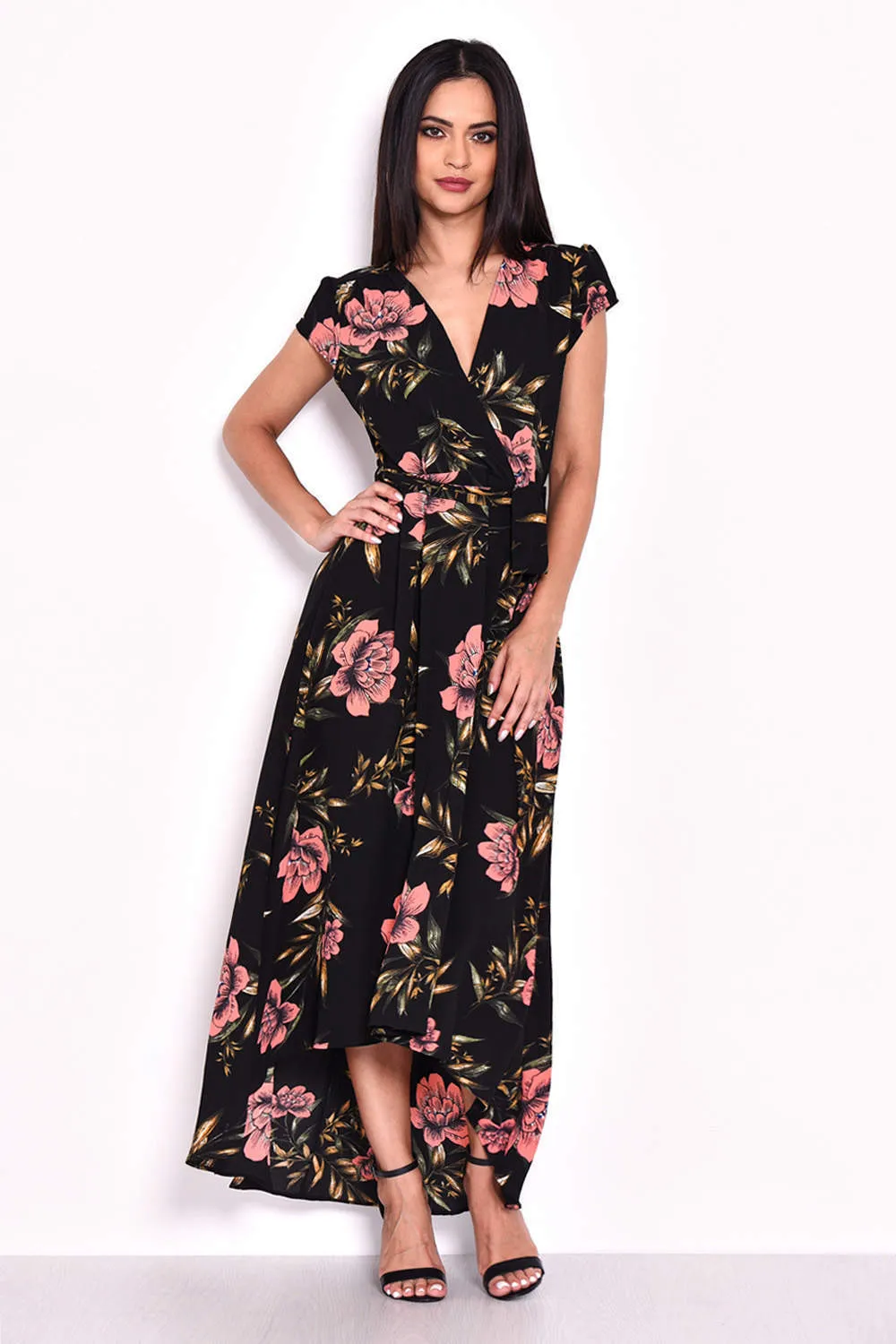 Black Floral Maxi Wrap Dress