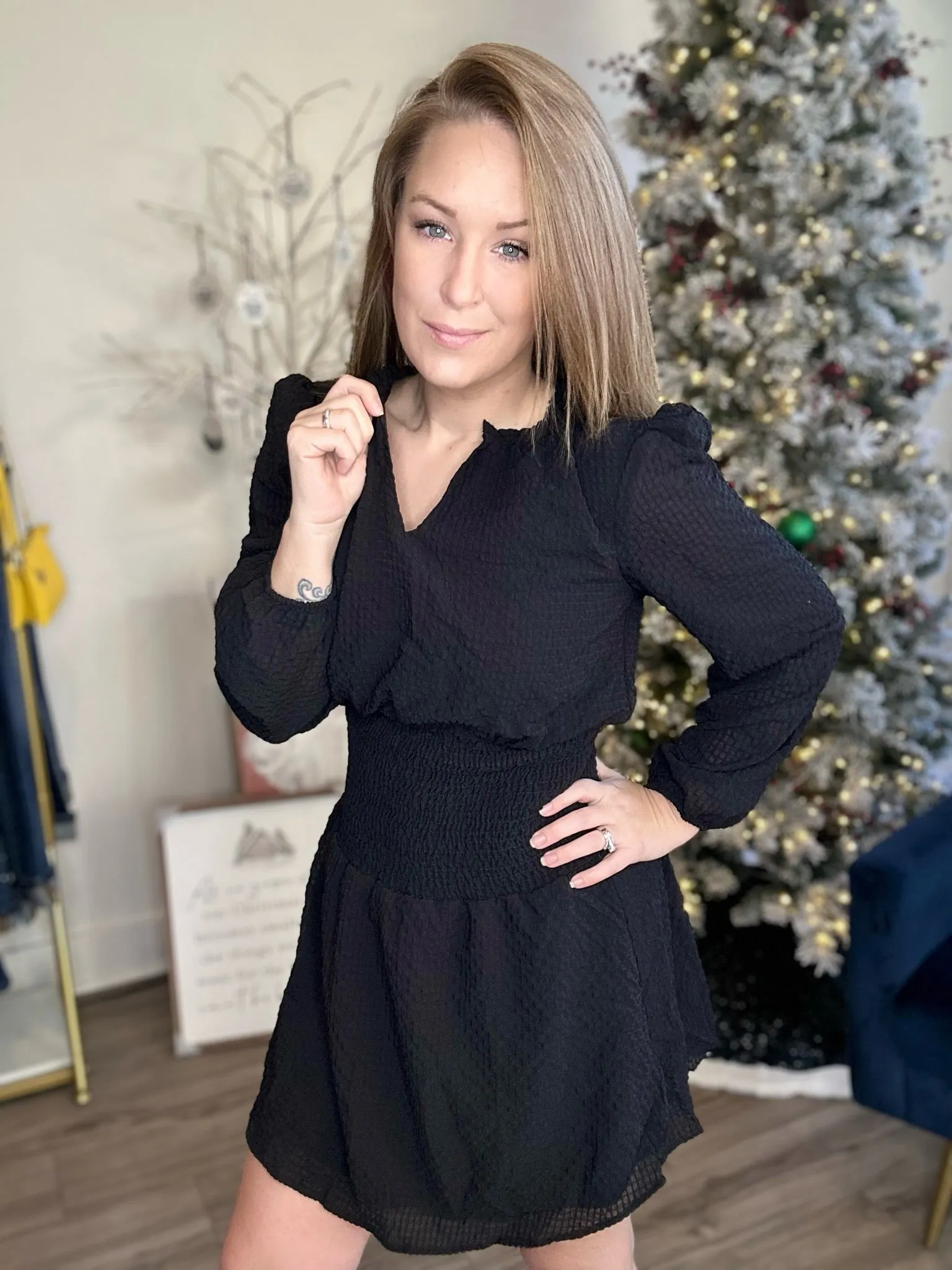 Black Long Sleeve Flutter Dress