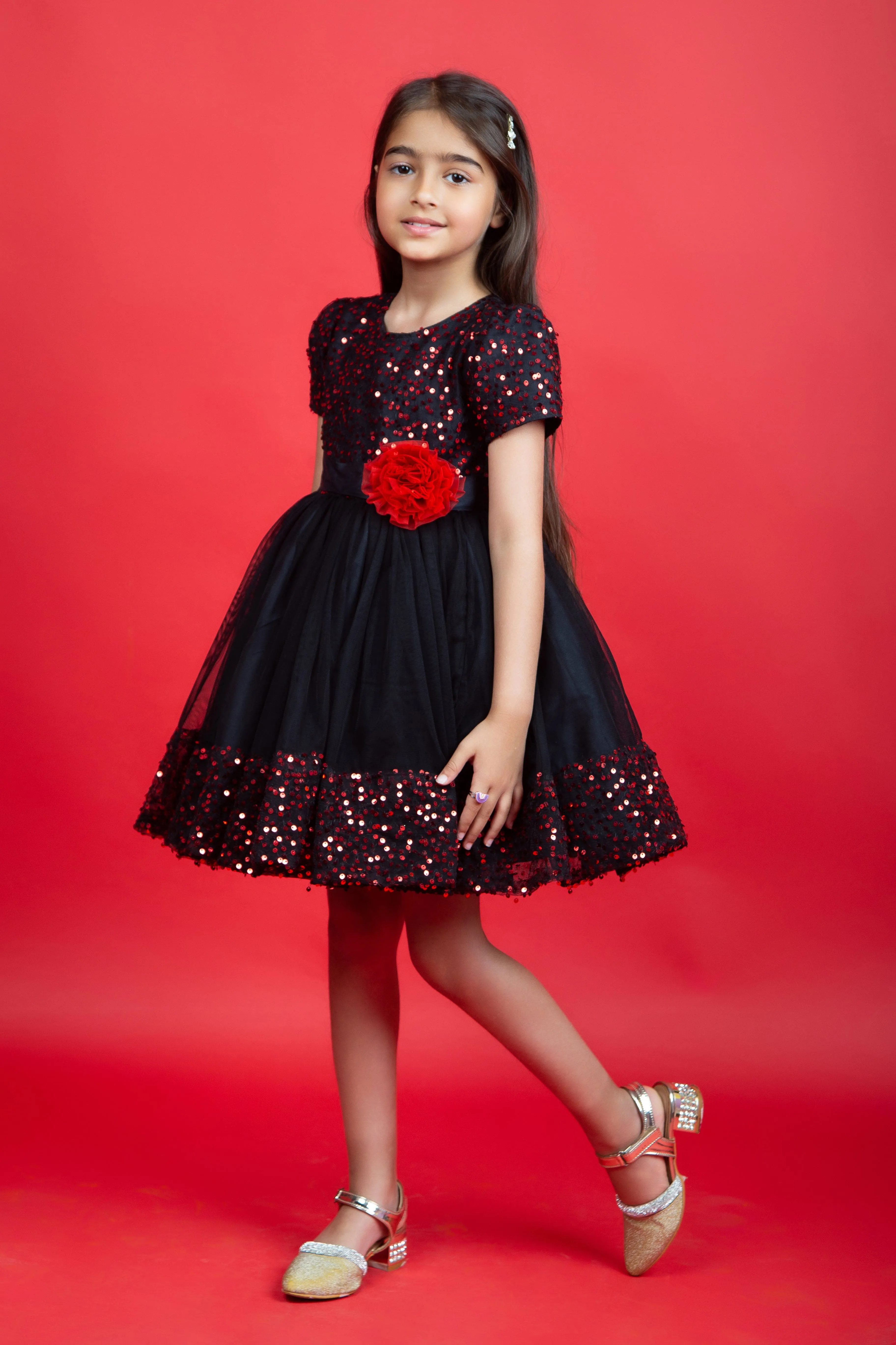 Black net dress embellished with red sequence